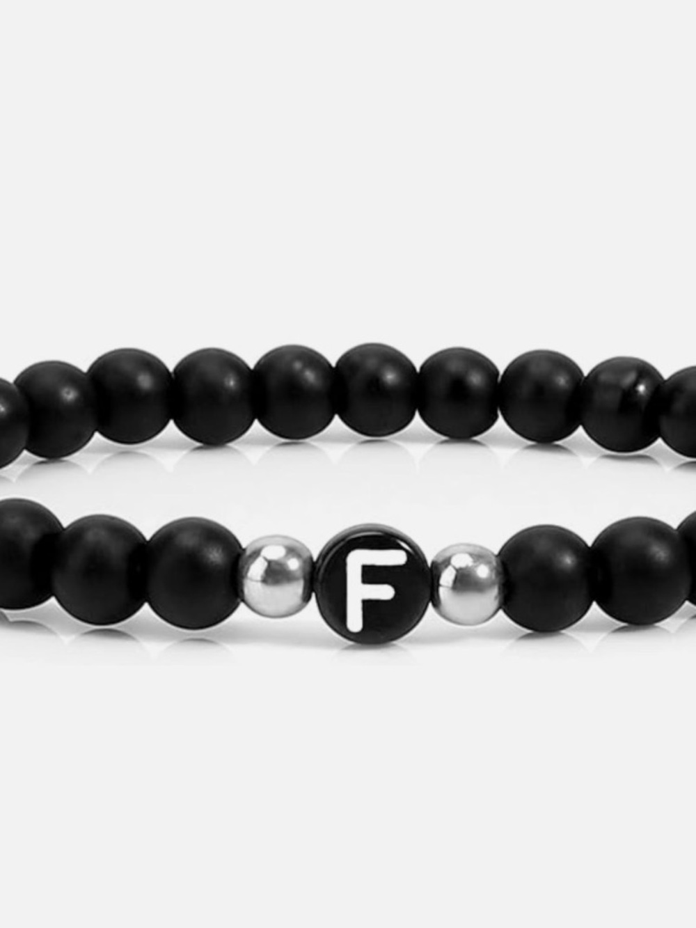 Men's Black Beaded Stretch Bracelet with Initial 'F' Accent